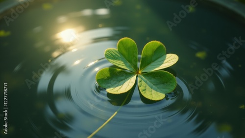 This tranquil waterscape highlights a floating Four-Leaf clover, its tender silhouette mirrored by sparkling reflections, evoking the gentle enchantment of St. Patrick's Day.