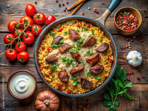 Drone shot reveals the vibrant colors of Elbasan Tava, a traditional Albanian lamb rice bake.
