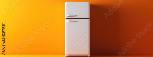 White refrigerator on pale orange background isolated vertical shot with empty space for branding or text placement photo