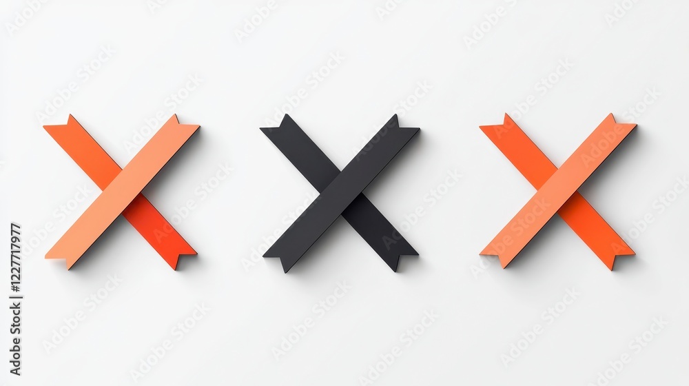 Fototapeta premium Three dimensional pastel colored X shapes created with layered tape, arranged horizontally against a white background. Clean lines and shadowing