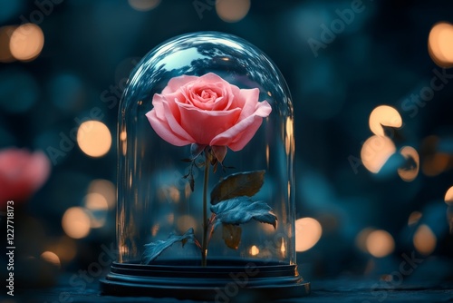 Pink rose with green leaves growing inside glass dome with romantic bokeh background photo