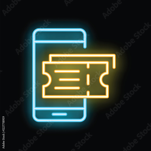 Neon icon of a smartphone showing tickets for online booking, representing modern technology and convenience