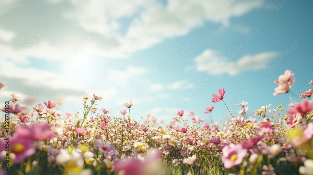 Vibrant Spring Meadow with Colorful Flowers Under Blue Sky and Soft Cloud Background for Text Placement Vibrant Spring Meadow with Colorful Flowers Under Blue Sky and Soft Cloud Background for Text Placement
