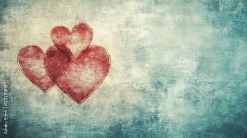 Three textured red hearts on a grunge teal background. A vintage, romantic feel. Copy space to the right
