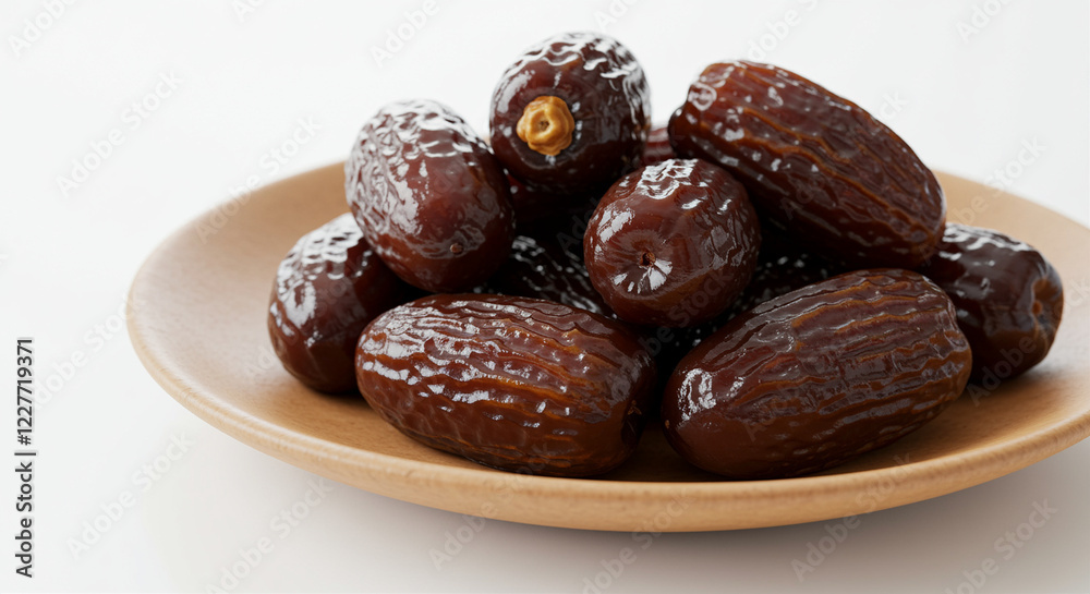 Dates on wooden plate. Dried dates on a plate. Healthy snack dates Dates on wooden plate. Dried dates on a plate. Healthy snack dates