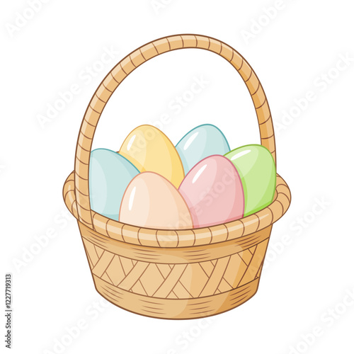 Cartoon Basket with easter eggs doodle style. Happy easter Hand drawn cartoon trendy flat style isolated icon. Springtime holiday gift. Easter basket Vector illustration