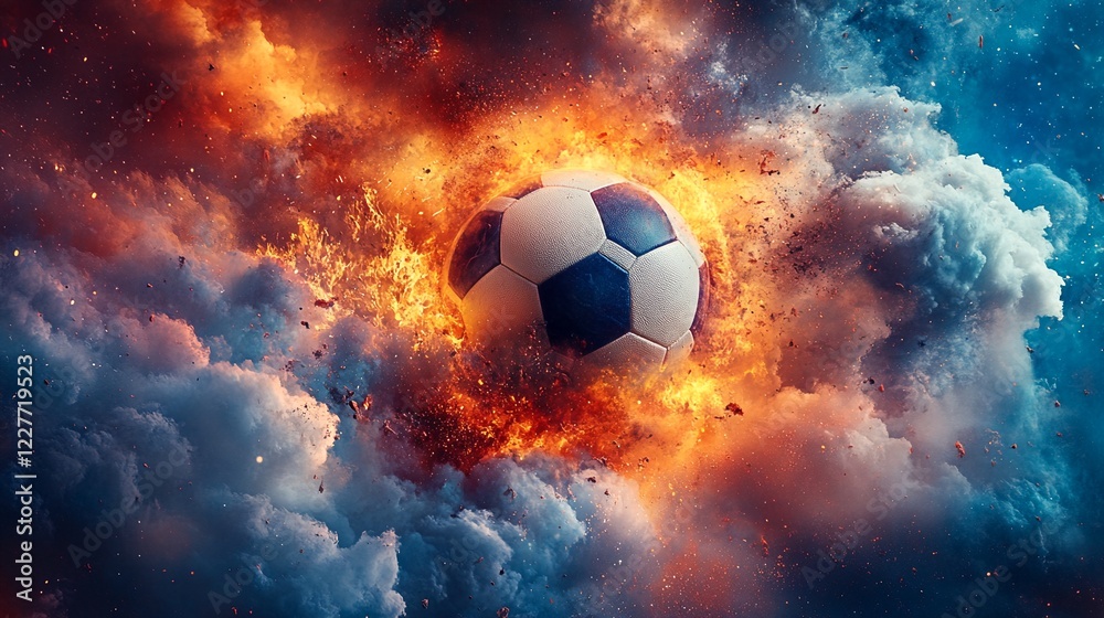 Naklejka premium soccer ball exploding into flames and smoke.