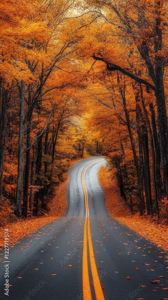 Serene road curving through colorful autumn trees Serene road curving through colorful autumn trees