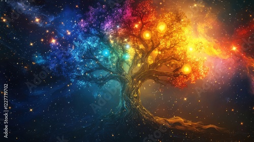 Cosmic tree of life with vibrant chakras and zodiac constellations merging astrology with blockchain in a stunning cosmic landscape