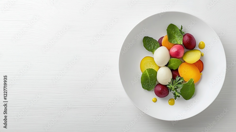 Colorful Fresh Vegetables and Herbs Arranged on a White Plate Colorful Fresh Vegetables and Herbs Arranged on a White Plate