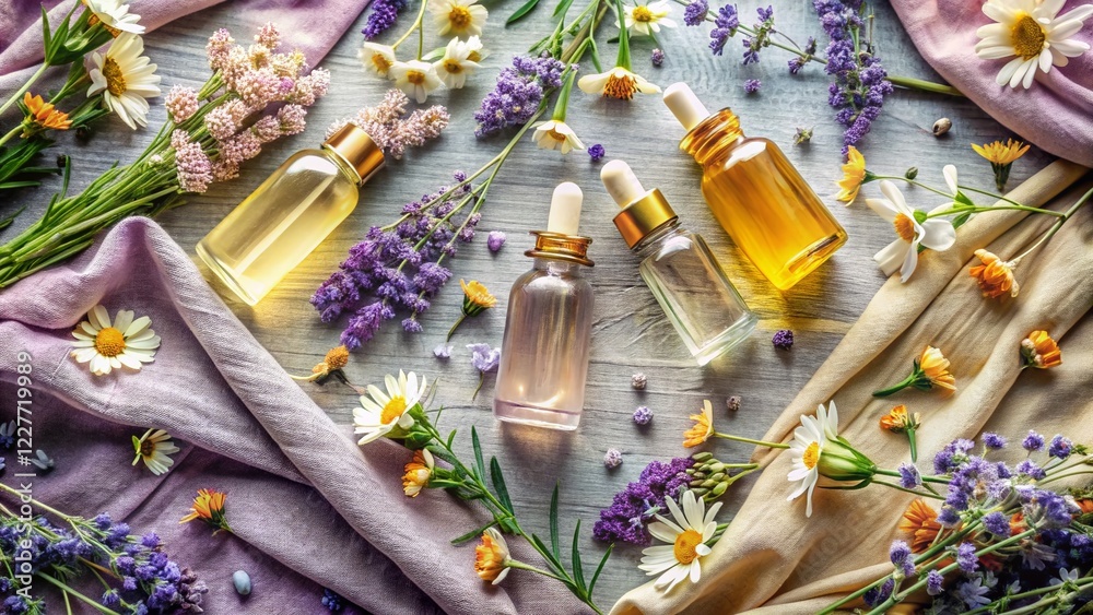 Fototapeta premium Calming Essential Oils Flat Lay: Tranquil Aromatherapy Spa Treatment