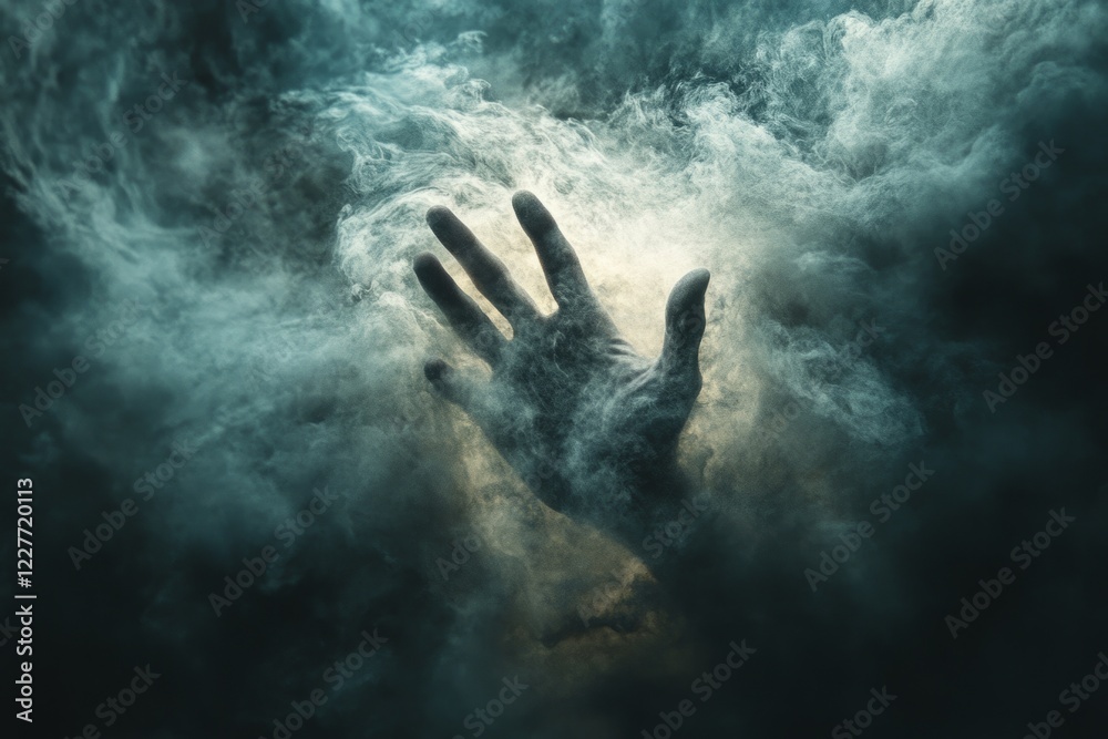 Hand emerging from dark smoke and clouds, creating a mysterious and intriguing atmosphere