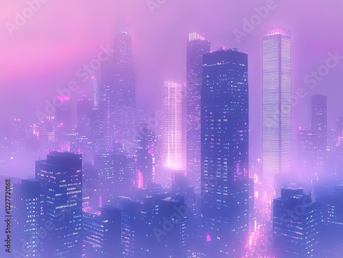City in the early morning within the business district surrounded by tall skyscrapers
