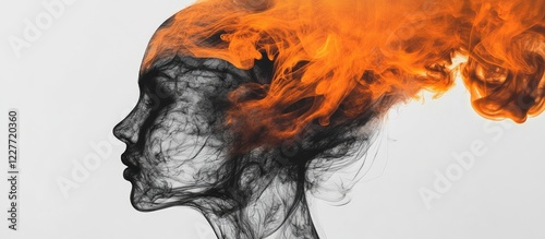 Ethereal Black and White Smoke Art with Fiery Orange Highlights Forming a Head Shape on Grey Background Ideal for Text Overlay photo