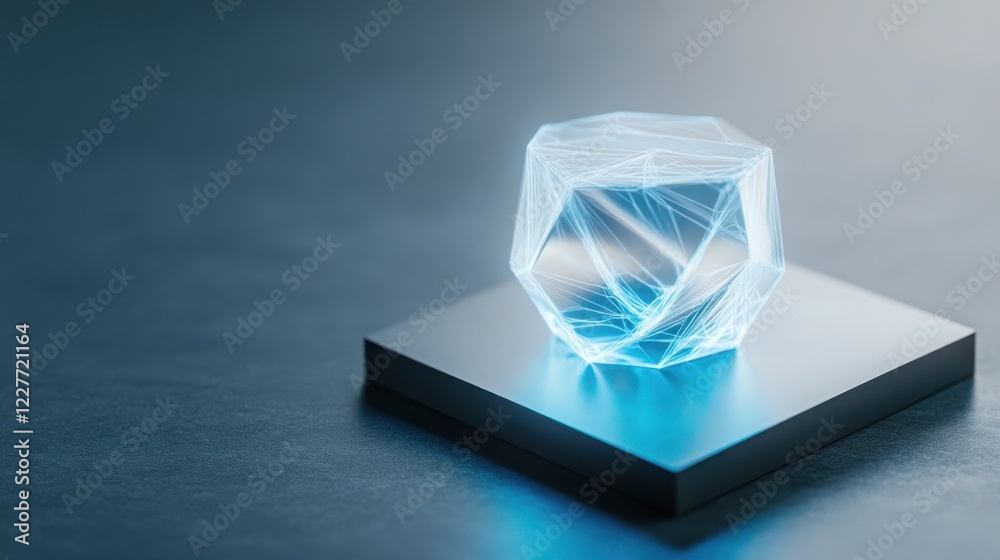 A high-tech 3D printer creating a glowing, transparent object with polygonal structures while emitting faint blue light A high-tech 3D printer creating a glowing, transparent object with polygonal structures while emitting faint blue light