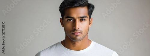 Dramatic portrait of a young South Asian man in a white t-shirt with slicked back hair and serious expression against a neutral background photo