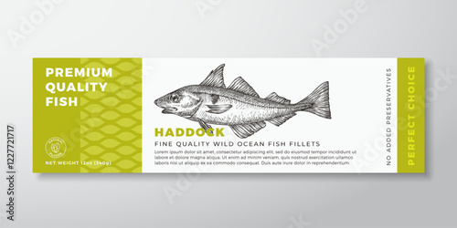 Seafood Fish Vector Label Design Package Background Layout Template. Hand Drawn Haddock Illustration and Modern Typography. Fish Silhouette Product Banner With Pattern and Engraved Drawing