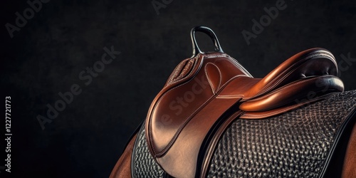 Modern horse riding saddle design showcasing craftsmanship with negative space for personalized text or branding. photo