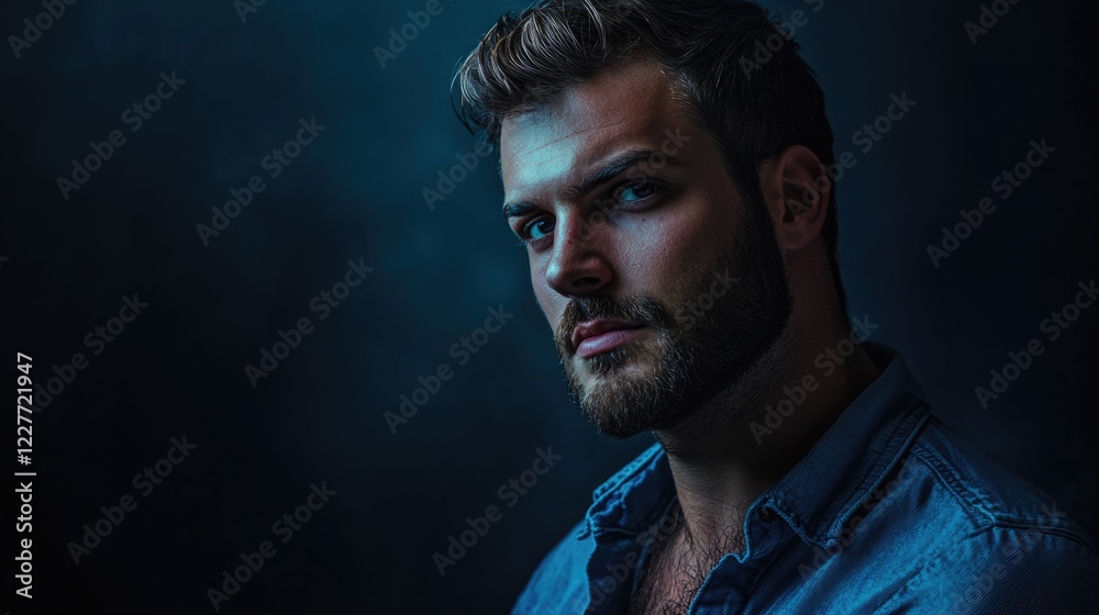 Portrait of a Man in Dramatic Studio Lighting with Copyspace for Text Ideal for Advertisements or Artistic Representations Portrait of a Man in Dramatic Studio Lighting with Copyspace for Text Ideal for Advertisements or Artistic Representations