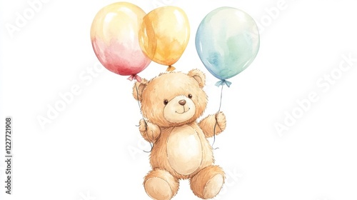 Cute teddy bear holding colorful balloons in a cheerful design suitable for children's celebrations or events