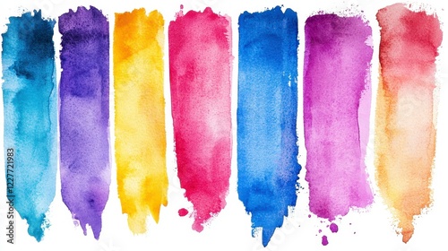 Wallpaper Mural Vibrant watercolor paint strokes in various colors on a white background. Seven vertical stripes of color, including blues, purples, pinks, yellows Torontodigital.ca