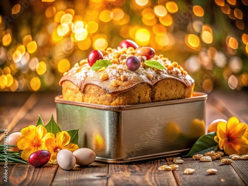 Golden Colomba Easter cake, bathed in spring light, a Milanese long exposure dessert dream in a metal box. photo