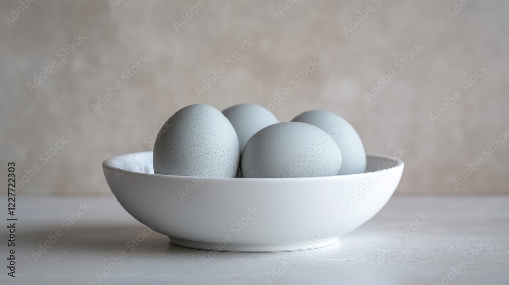 Minimalist Grey Eggs in Modern White Bowl on Calm Surface for Elegant Kitchen Decor and Culinary Presentation Minimalist Grey Eggs in Modern White Bowl on Calm Surface for Elegant Kitchen Decor and Culinary Presentation