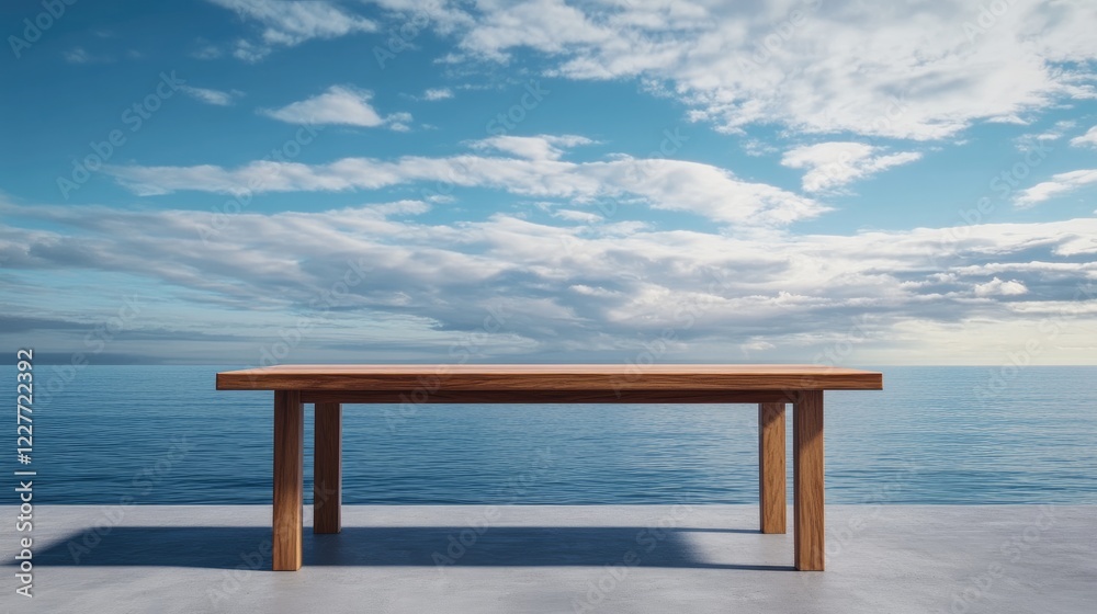 Scenic solid wood table with empty space for product display against tranquil sea and sky background ideal for advertising and promotions Scenic solid wood table with empty space for product display against tranquil sea and sky background ideal for advertising and promotions