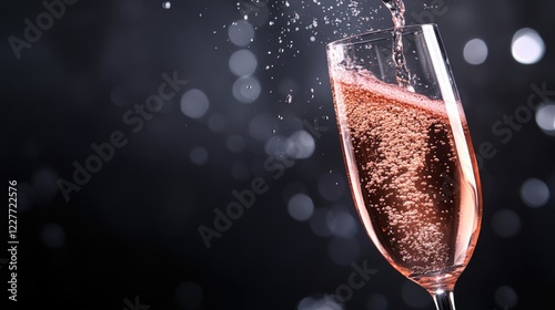 Rose champagne pouring from a glass with bubbles against a dark blurred background celebrating elegance and indulgence photo