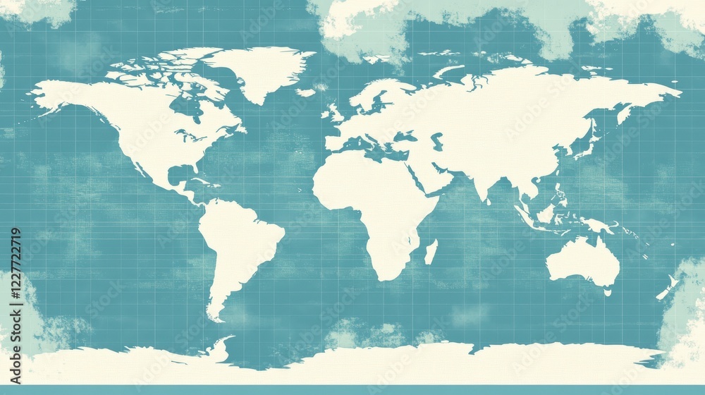 Fototapeta premium Vintage world map illustration in muted blue and beige tones, featuring a distressed, textured effect, suggesting age and travel