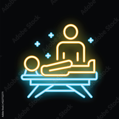 Bright neon sign representing a chiropractor adjusting a patient's spine on a massage table