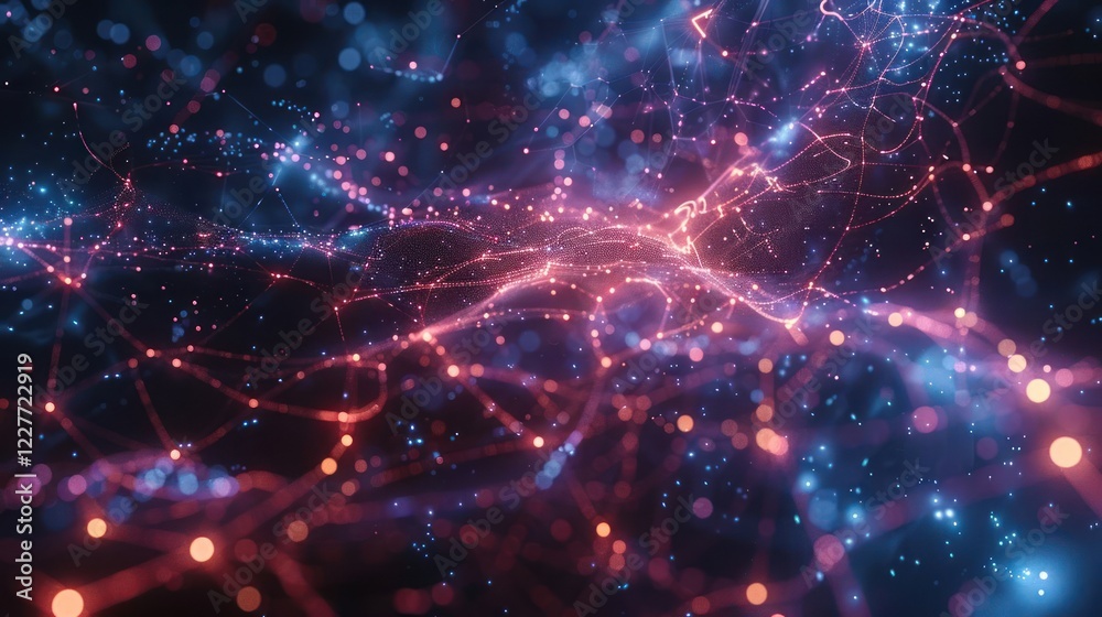 Abstract visualization of interconnected glowing particles and lines in a dark space, creating a cosmic effect Abstract visualization of interconnected glowing particles and lines in a dark space, creating a cosmic effect