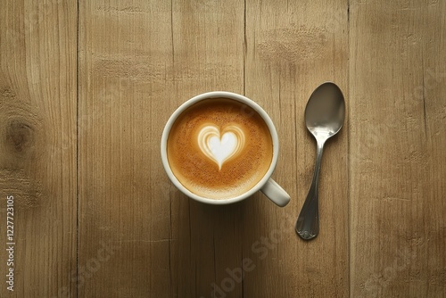 Cappuccino coffee with heart-shaped latte art on a wooden table, top view. A cup of cappuccino or cafe con crema drink made from milk foam and hot espresso in a white ceramic mug. photo