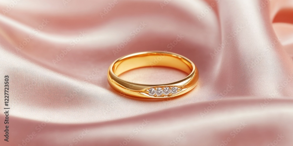 Elegant gold ring with diamond centerpiece placed on soft pink satin fabric creating a luxurious and inviting atmosphere for text inclusion