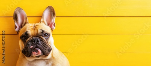 English Bulldog peacefully resting on vibrant yellow wooden background with ample blank space for personalized text or branding messages photo