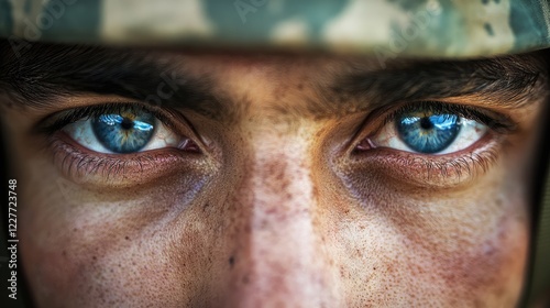 Soldier's Striking Eyes Symbolizing Resilience and Courage Amidst Adversity