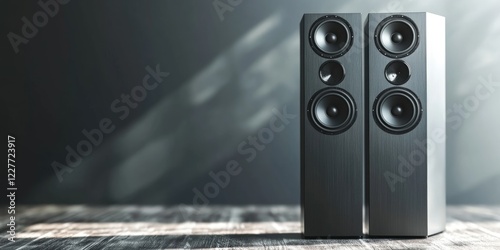 Stylish home interior with modern speakers and minimalistic decor providing ample space for text or branding placement