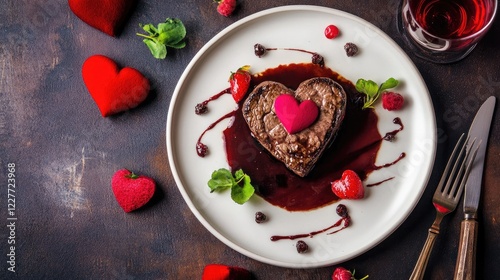 Valentine's Day Heart-Shaped Dessert Plate with Fresh Berries and Chocolate Sauce for a Romantic Dinner for Two photo