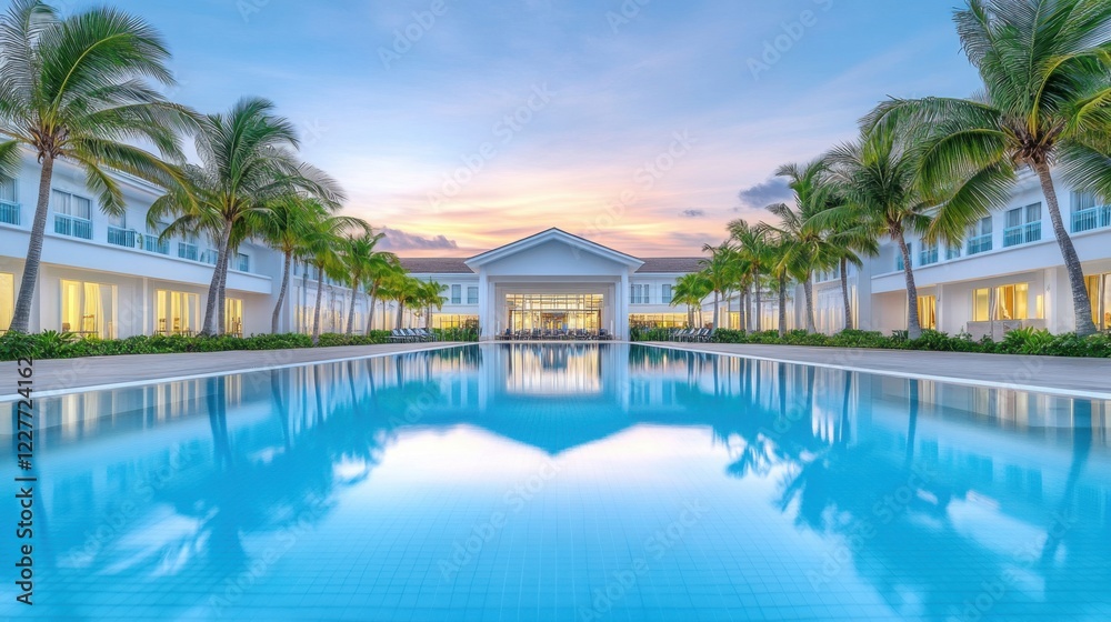A luxurious hotel with a pristine pool surrounded by palm trees, illuminated by the warm glow of the sunset