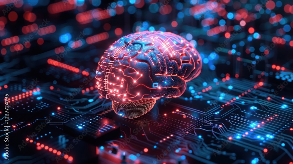 Futuristic digital brain on a circuit board, showcasing technology and innovation in a vibrant setting Futuristic digital brain on a circuit board, showcasing technology and innovation in a vibrant setting