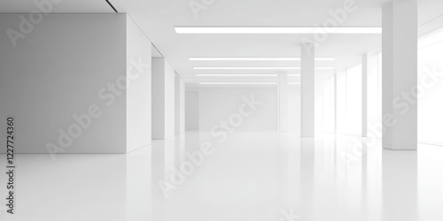 Minimalist bright office space with sleek design featuring large windows and empty area for text or creative content placement