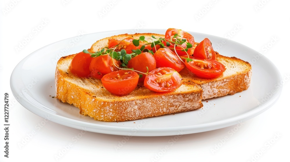 Fresh Tomato Topped Toast with Microgreens on White Plate Fresh Tomato Topped Toast with Microgreens on White Plate