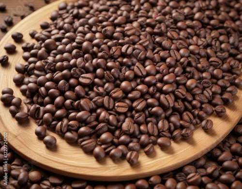 Richly colored coffee beans on a wooden platter, hue, richly, color photo