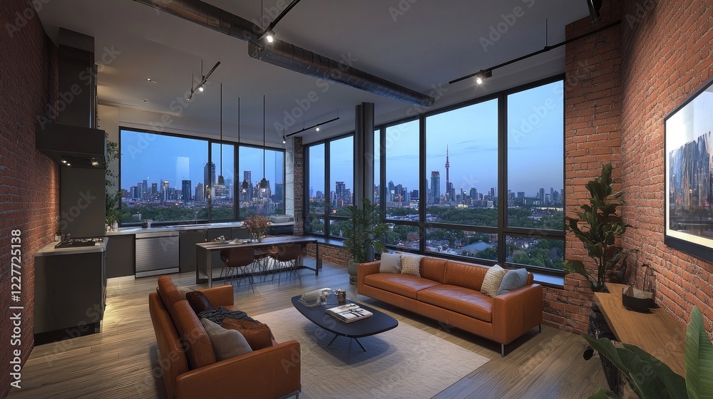 An open-concept living room with an industrial design, featuring exposed brick walls, leather furniture, and large windows overlooking a city skyline.