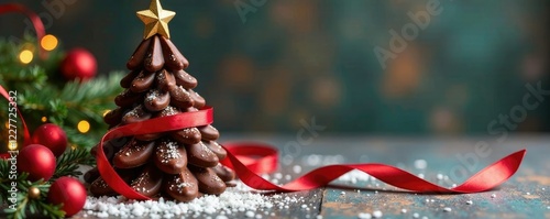 Red silk ribbon wrapped around chocolate Christmas tree with star, christmas decoration, wrapping paper, present