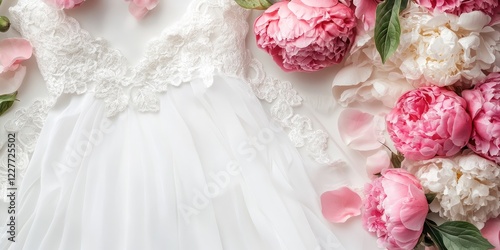 Elegant Wedding Dress Flat Lay with Peonies and Petals on White Background with Copy Space for Text and Design Elements photo