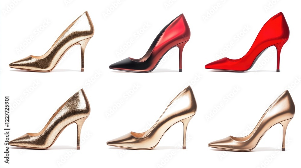 Collection of elegant high heel women's fashion shoes in various metallic and bold colors on a clean white background. Collection of elegant high heel women's fashion shoes in various metallic and bold colors on a clean white background.