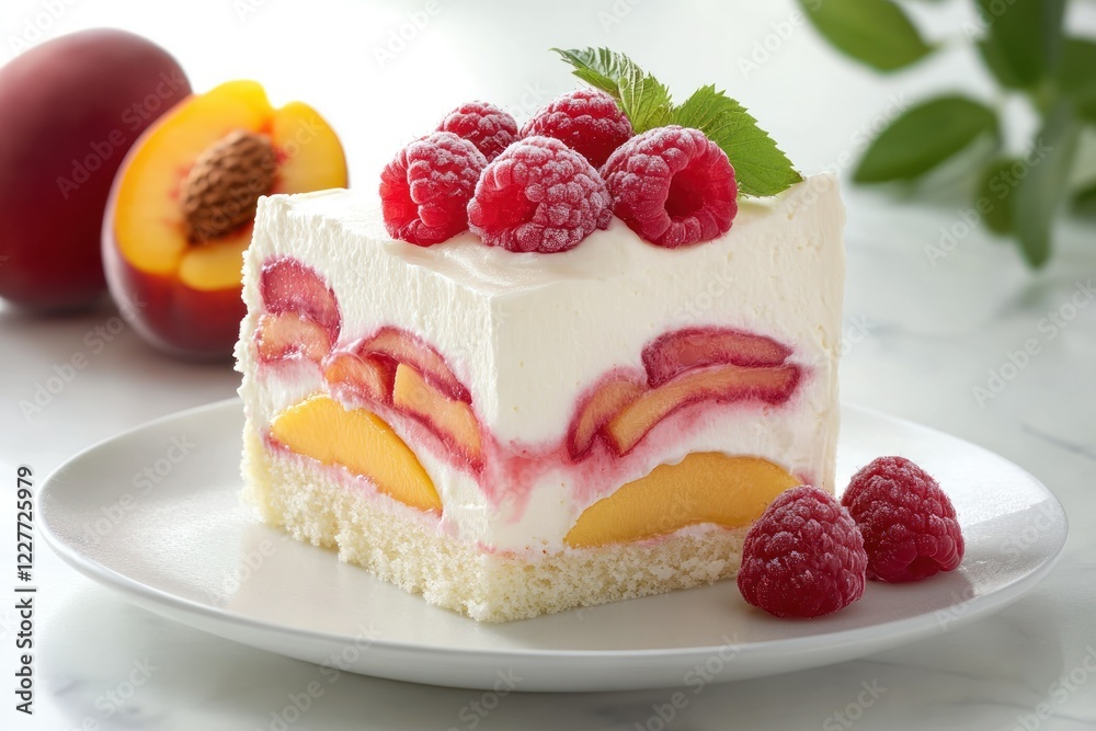 Fresh Fruit Cream Cake Slice with Berries and Peach Fresh Fruit Cream Cake Slice with Berries and Peach