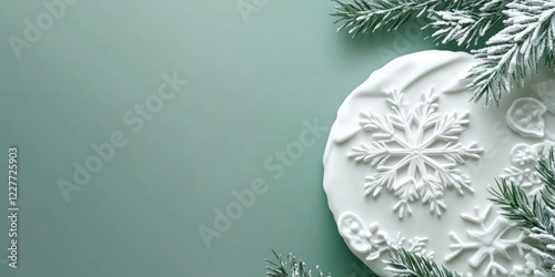Elegant Holiday Cake with Snowflake and Pine Needle Design on Soft Green Background and Space for Custom Text or Branding