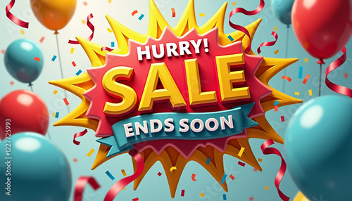Colorful explosion of swirling ribbons, balloons, and confetti surrounding bold text HURRY! SALE ENDS SOON!, vibrant hues of red, yellow, and blue drawing attention and evoking joy and celebration